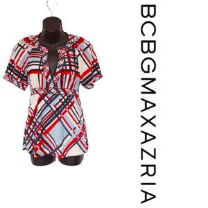 BCBG Abstract Check Print Empire Waist Stretch Top- Sz XXS